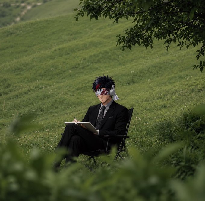 An anime-style character with spiky black and red hair, wearing a blindfold, headphones, and a black suit, sits on a chair in a lush green field writing in a notebook.