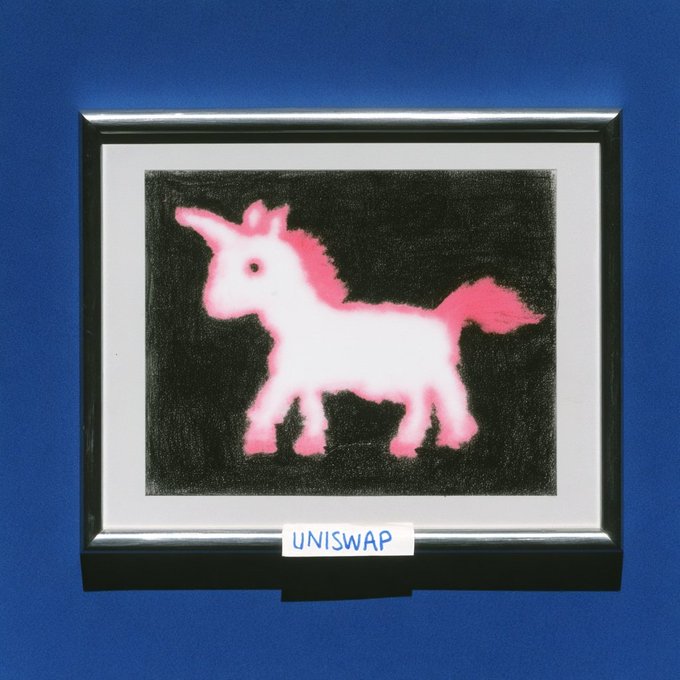 A framed artwork on a blue background depicts a glowing pink-and-white unicorn, with a small "UNISWAP" label at the bottom.