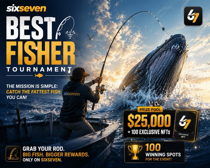 The promotional poster for SixSeven's "Best Fisher Tournament" features a dramatic scene of an angler reeling in a massive breaching whale-sized fish against a sunset sky, highlighting the $25,000 prize pool, 100 exclusive NFTs, and 100 winning spots.