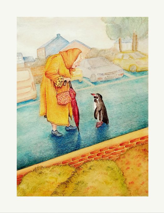 A watercolor illustration depicts an elderly woman in a yellow coat and headscarf holding a red umbrella and purse, bending down to face a penguin standing on a teal street with cars and houses in the background.