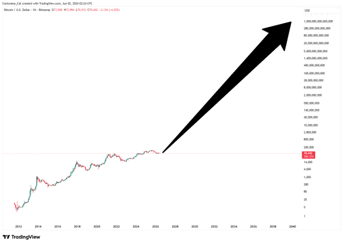 The main focus of the image is a chart with Bitcoin prices increasing sharply, as evidenced by the upward-pointing arrow. A caption below the chart provides context for the chart, stating that Bitcoin is set to crash down further next week, likely resulting in an increase in price levels.