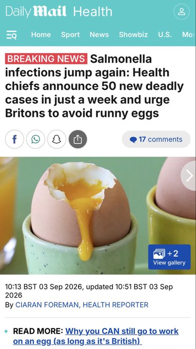 A Daily Mail Health news article titled 'BREAKING NEWS: Salmonella infections jump again: Health chiefs announce 50 new deadly cases in just a week and urge Britons to avoid runny eggs', dated 03 Sep 2026 by Ciaran Foreman, with an image of a cracked egg.
