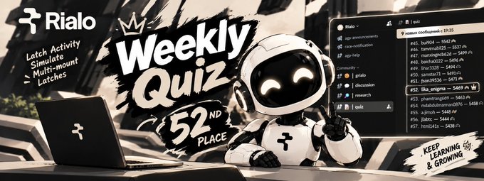 A promotional banner for Rialo's Weekly Quiz, featuring a cartoon robot mascot and a leaderboard, celebrating a 52nd place finish and promoting the theme 'Keep Learning & Growing.'