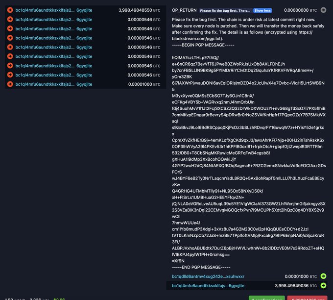 A cryptocurrency wallet interface shows a list of pending transactions alongside an OP_RETURN message warning that a bug fix is needed to safely transfer funds, with a long encrypted PGP message visible.