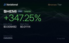 A trading interface showing '$HEMI PERP' with a +347.25% gain, 'Variational' and 'Bronze Tier' labels, Entry Price $0.009492, Mark Price $0.01114, on Omniiren from 21 Aug 2025.