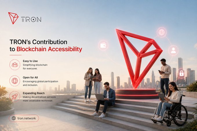 A promotional graphic for TRON blockchain featuring a large red diamond logo and text reading "TRON's Contribution to Blockchain Accessibility" with bullet points including "Easy to Use", "Open for All", and "Expanding Reach".