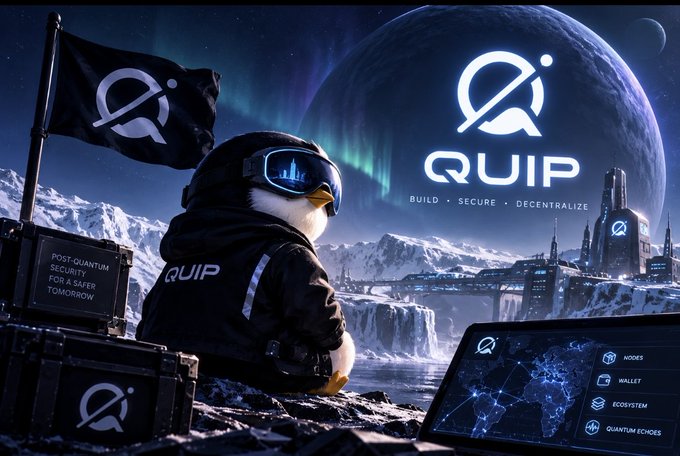 A promotional graphic for QUIP featuring a penguin in tactical gear with the tagline 'BUILD • SECURE • DECENTRALIZE' set against a sci-fi arctic landscape, alongside a flag and a 'POST-QUANTUM SECURITY FOR A SAFER TOMORROW' sign.