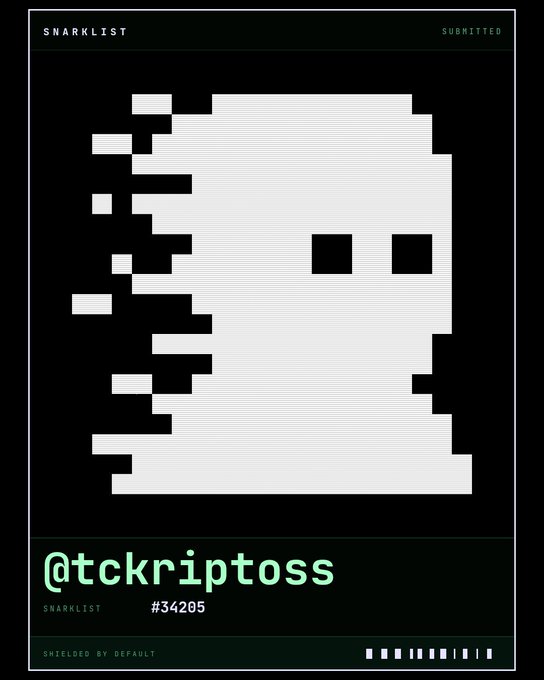 A black-and-white pixel-art poster labeled “SNARKLIST” and “SUBMITTED,” featuring a large pixelated face and the text “@tckriptoss,” “#34205,” and “SHIELDED BY DEFAULT.”
