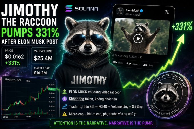 A crypto infographic titled 'JIMOTHY THE RACCOON PUMPS 331% AFTER ELON MUSK POST' featuring a raccoon in sunglasses, an X post screenshot, price ($0.0162) and market cap ($16.2M) stats, and a green rising chart.