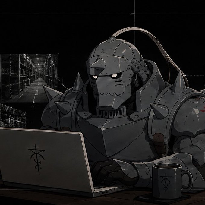 An anime-style illustration depicts a menacing armored figure wearing a helmet with glowing eyes, sitting at a desk working on a laptop with a matching mug beside them.