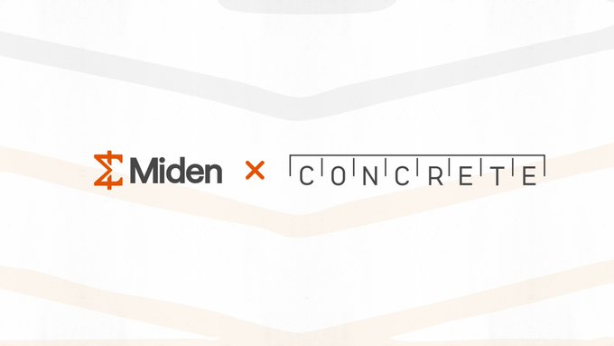 A logo graphic displaying 'Miden x CONCRETE' with a stylized 'M' symbol, set against a white background with subtle wavy gray and beige lines.