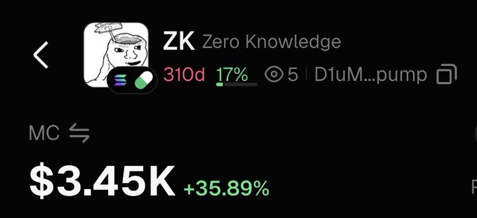 A cryptocurrency tracker showing 'ZK Zero Knowledge' at $3.45K, up +35.89%, with 17% staking.