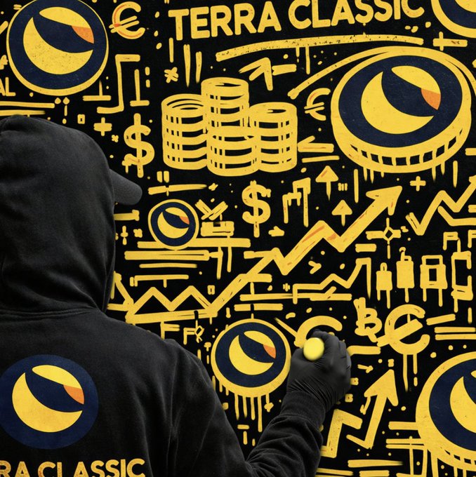 A hooded figure spray-paints a vibrant mural of stacked coins, rising arrows, and dollar/euro symbols in Terra Classic's signature yellow and black, with "TERRA CLASSIC" prominently displayed and the Terra logo (LUNA) featured throughout. The artwork visually reinforces the post's bullish sentiment, symbolizing the expected price explosion of $LUNC (Terra Classic Luna) that the poster anticipates following a listing announcement.