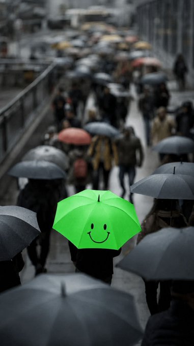 A creative photograph of a crowd walking in the rain with dark umbrellas, featuring one bright green umbrella with a smiley face standing out among the others.