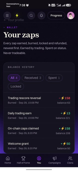 A mobile app screenshot of a wallet interface titled 'Your zaps,' showing a balance history with transactions like 'Trading rescore reversal,' 'Daily trading earn,' and 'On-chain zaps claimed.'