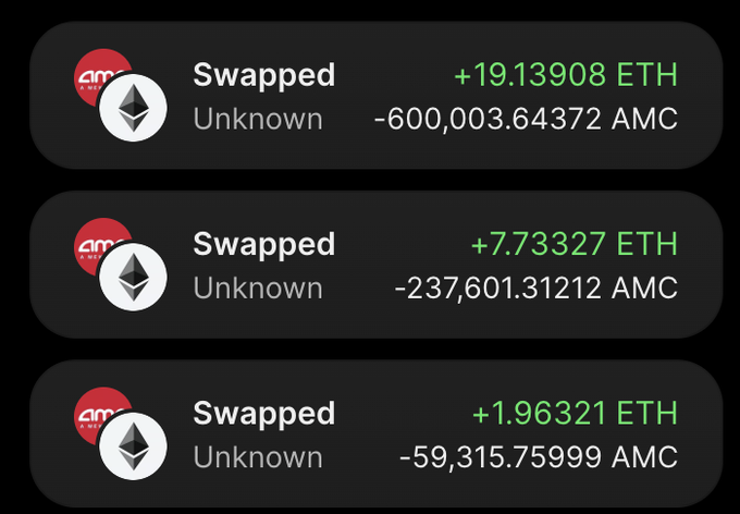 The image shows three consecutive swap transactions converting AMC tokens into ETH, yielding +19.13908 ETH, +7.73327 ETH, and +1.96321 ETH in exchange for -600,003.64372, -237,601.31212, and -59,315.75999 AMC respectively. These trades illustrate the user successfully cashing out their $MEME/AMC position into ETH, supporting their claim of profiting $70k+ overnight by riding the token's sudden price surge.