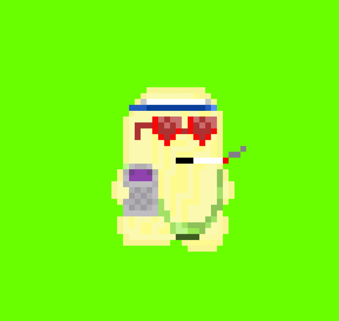 A low-resolution pixel art character with red pixel sunglasses and a cigarette, holding a small image on a bright green background.