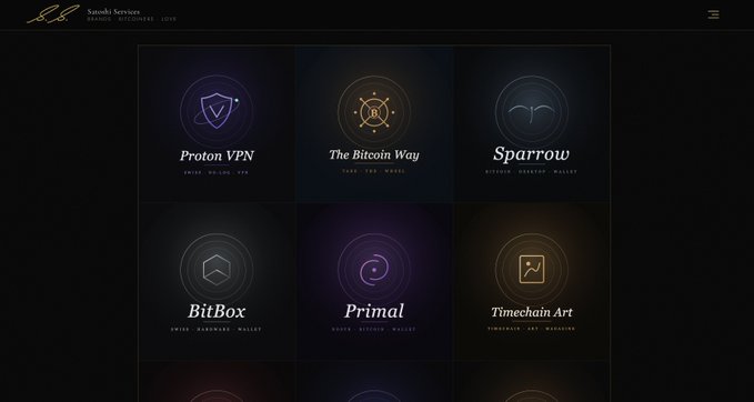 A dark website menu for 'Satoshi Services - Brands' Bitcoin Love' featuring icons for Proton VPN, The Bitcoin Way, Sparrow, BitBox, Primal, and Timechain Art.