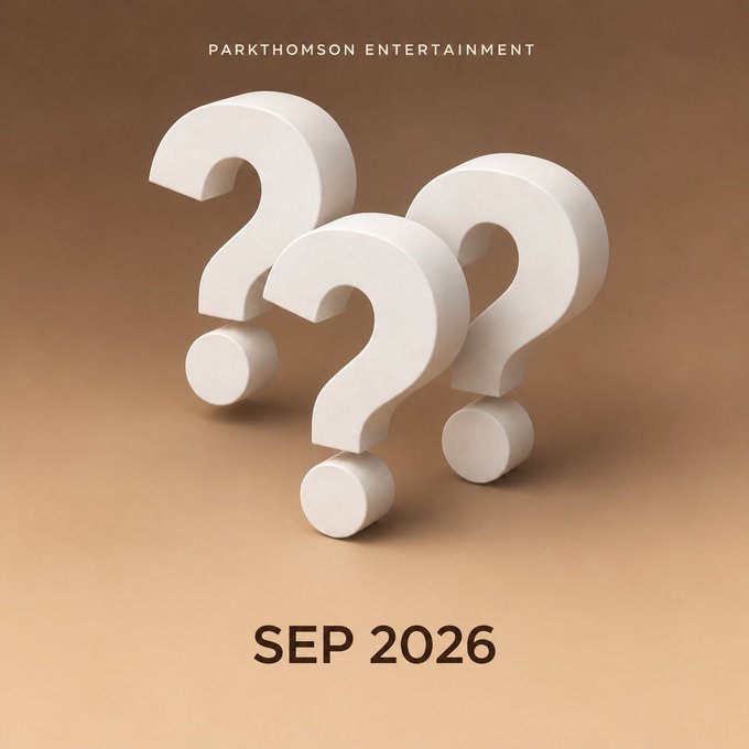 The image features three large 3D white question marks arranged together against a warm tan background, with "PARKTHOMSON ENTERTAINMENT" displayed at the top and "SEP 2026" at the bottom. The triple question marks visually reinforce the post's teasing message about an upcoming mysterious fall event from ParkThomson Entertainment, with the September 2026 date hinting at when more details for the "White Paper" project will finally be revealed.
