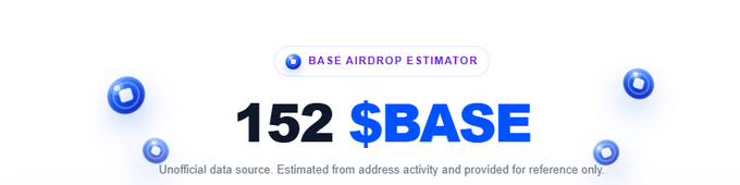 A digital graphic showing a 'BASE AIRDROP ESTIMATOR' result of '152 $BASE' on a white background with floating blue Base logo icons, noting it is unofficial data.