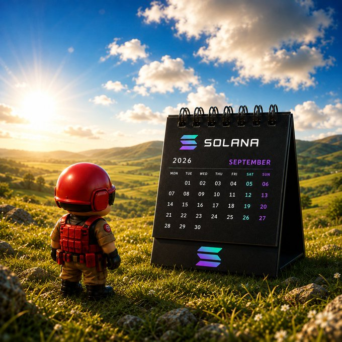 3D-rendered scene showing a small toy soldier figure in a red helmet standing in a grassy field at sunset, looking at a desktop calendar displaying September 2026 with the 'SOLANA' logo and branding.