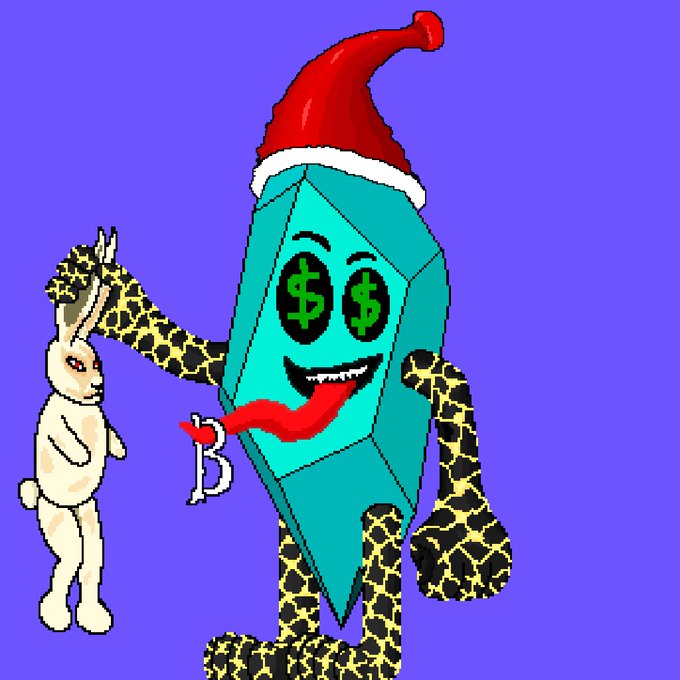The image features a cartoonish character wearing a Santa hat with dollar signs for eyes, a long red tongue displaying a Bitcoin logo, leopard-print arms, and holding a white rabbit, set against a purple background. The image serves as a festive giveaway graphic, pairing with the post's "First 555 = WL" announcement to attract entries for free whitelists by dropping EVM addresses.