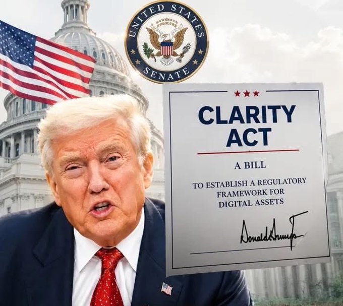 The image features a man wearing a suit, holding a sign that reads "CLARITY ACT" with an American flag behind him. The text on the sign indicates that the act has been added to the Senate's calendar this week.