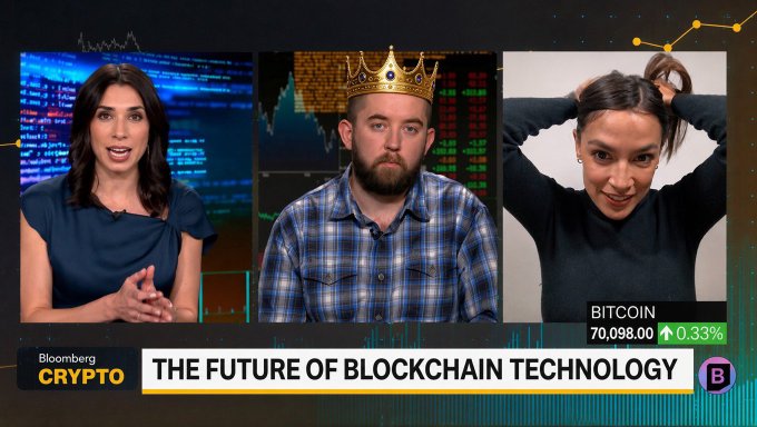A Bloomberg Crypto segment titled "THE FUTURE OF BLOCKCHAIN TECHNOLOGY" features three panelists—one wearing a digital crown filter—with Bitcoin trading at $70,098.00 (+0.33%), humorously connecting to the post's question about the hype around Chainlink ($LINK) by jokingly crowning what could be the next crypto contender.