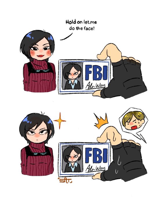 A two-panel comic by SFTRI shows a character asking to "Hold on let me do the face!" while presenting an FBI ID card featuring "Ada Wong," before the bottom panel reveals a more serious, detailed portrait that impresses a small blonde character. The artwork depicts fanart of the Resident Evil character Ada Wong, tying into the post's reference to the "#REBHFun" (Resident Evil Behind the Scenes Fun) hashtag and Aeon.