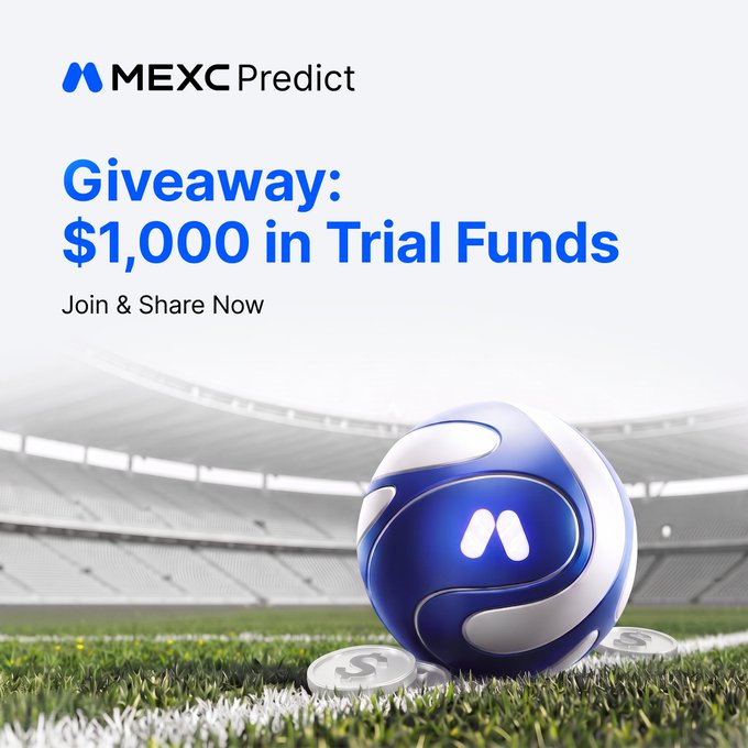 The image announces a giveaway for $1,000 in trial funds from MEXC Predict, featuring a soccer ball on a pitch, which relates to the giveaway's likely sports prediction theme.