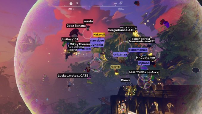 A screenshot from a multiplayer online game showing numerous players inside a protective bubble, with usernames visible including 'warda', 'Geez Banana', 'jtm0ney101', 'MikeyThereur', 'SergioGans CATS', 'oscar garcia', 'akmomomiac', 'Mr.Customm', 'Lasermer142', and 'Crows'.
