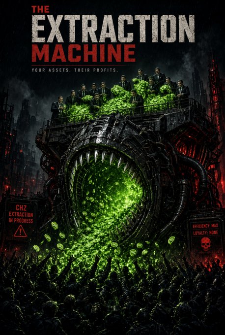 A dystopian movie poster titled 'THE EXTRACTION MACHINE - YOUR ASSETS, THEIR PROFITS' showing a giant industrial machine with tooth-like maws processing green glowing tokens, overseen by suited figures, with signs reading 'CHZ EXTRACTION IN PROGRESS' and 'EFFICIENCY: MAX LOYALTY: NONE'.