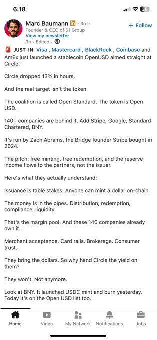 A LinkedIn post by Marc Baumann (Founder & CEO of 51 Group) discussing the launch of a stablecoin OpenUSD by Visa, Mastercard, BlackRock, Coinbase, and AmEx, noting Circle dropped 13% and explaining the Open Standard coalition backed by 140+ companies including Stripe, Google, Standard Chartered, and BNY.