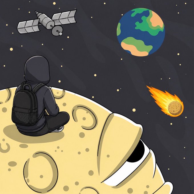 A hooded figure with a backpack sits peacefully on a moon, watching a satellite, Earth, and a flaming meteor in the starry night sky. The dreamy, cosmic scene captures the contemplative "goodnight" sentiment of the post, with the lone observer gazing into space as a fitting visual metaphor for settling in and sending off tokens to others before sleep.