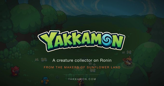 A vibrant promotional banner for "Yakkamon," described as a creature collector on Ronin by the makers of Sunflower Land (yakkamon.com), set against a whimsical nighttime forest backdrop with colorful cartoon creatures.

The image ties to the post by visually highlighting Yakkamon as the specific game whose free mint recipients were selected using the Ronin Score, illustrating one real-world application of how on-chain reputation metrics shape builder and player opportunities.