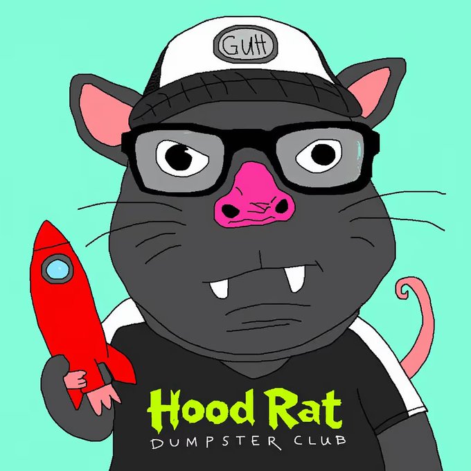 A cartoon illustration of a rat wearing glasses and a cap labeled 'Guilt', holding a red rocket, with 'Hood Rat Dumpster Club' text.