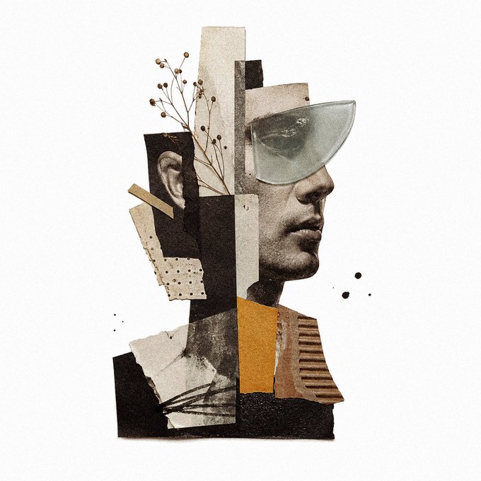 A surreal mixed-media collage portrait of a person's face in profile wearing a large translucent visor, constructed from torn paper, printed textures, and dried botanical elements against a white background.