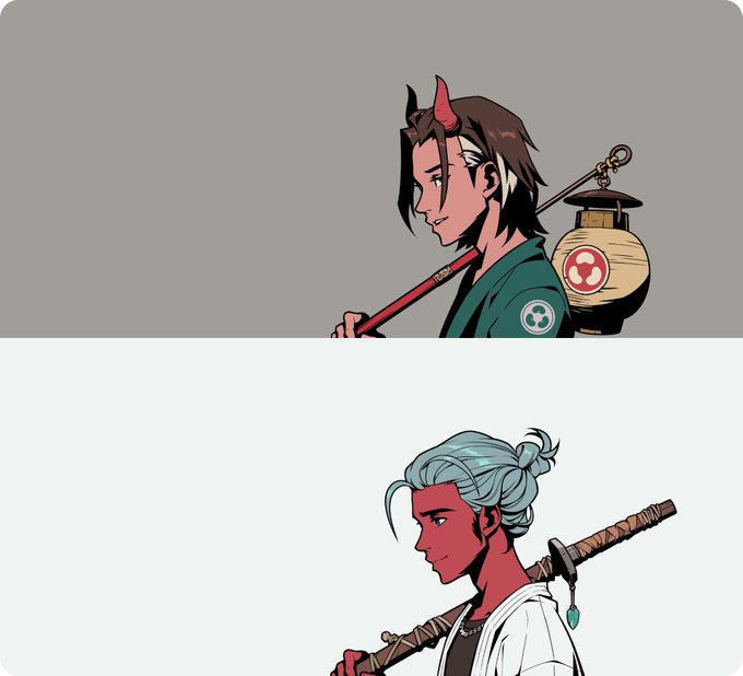 Two anime-style character illustrations stacked vertically: a horned figure carrying a lantern with a tomoe symbol on top, and a red-skinned swordsman with a wrapped katana below.
