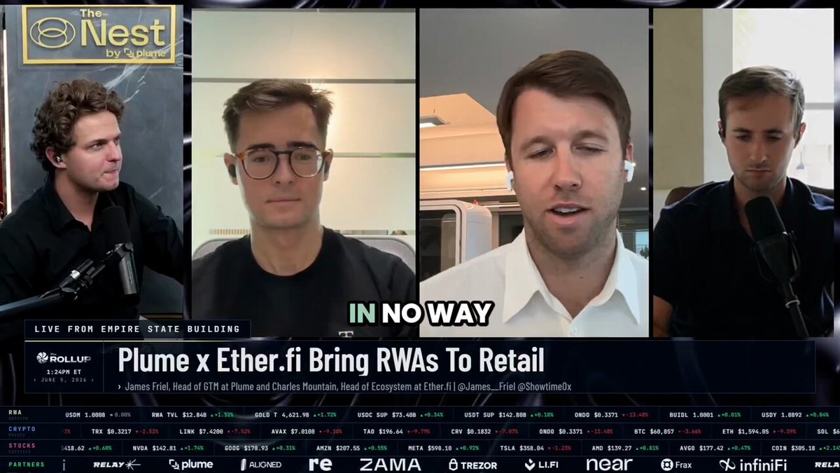 The image is a screenshot of a TV screen that contains an article about Plume, a crypto asset trading platform, and their collaboration with Ether-fi, which focuses on asset diversification and scalability. The article includes information about the $100M partnership between Plume's Head of GTM and @ether_fi, as well as how composability is changing onchain capital flows in the cryptocurrency space.