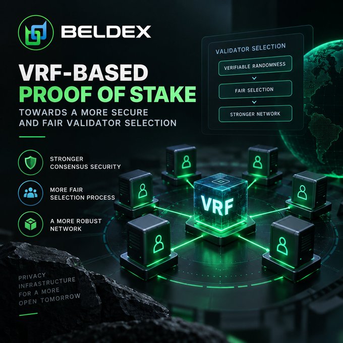 A promotional graphic for 'BELDEX' titled 'VRF-BASED PROOF OF STAKE' highlights features like 'STRONGER CONSENSUS SECURITY' and 'FAIR SELECTION PROCESS' alongside a network diagram.
