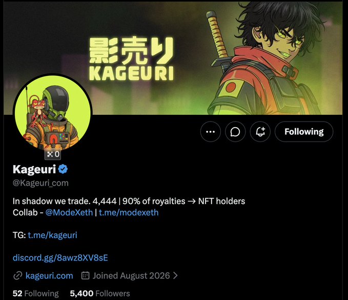 A Twitter/X profile for "Kageuri" (@Kageuri.com) with anime-style artwork, displaying the tagline "In shadow we trade. 4,444 | 90% of royalties → NFT holders" and links to TG: t.me/kageuri and discord.gg/8awz8XV8sE.