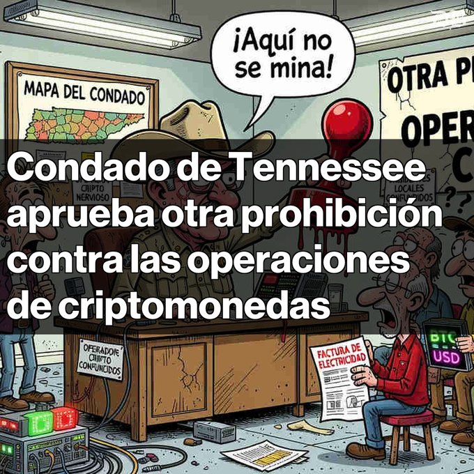 A cartoon illustration with Spanish text overlay reading 'Condado de Tennessee aprueba otra prohibición contra las operaciones de criptomonedas' (Tennessee County approves another ban on cryptocurrency operations), showing characters in a sheriff's office with a speech bubble saying '¡Aquí no se mina!' (No mining here!) and signs reading 'MAPA DEL CONDADO', 'CRIPTO NERVIOSO', 'OTRA P[ROHIBICIÓN]', and 'FACTURA DE ELECTRICIDAD'.