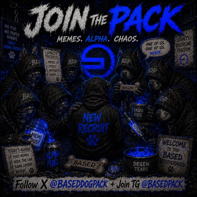 The image features a group of people wearing hoodies, with one person sitting down and another standing up holding a dog. The background includes a blue color scheme that matches the hoodies worn by the people present. There are also several dogs visible in the scene, some of which appear to be wearing hoods as well.

The image is accompanied by text that reads "JOIN THE POCK" and "MEMES. ALPHA. CHAOS." The post also includes a hashtag (#Base! #BasedDogs) and a link to a website called "@baseddogpack".