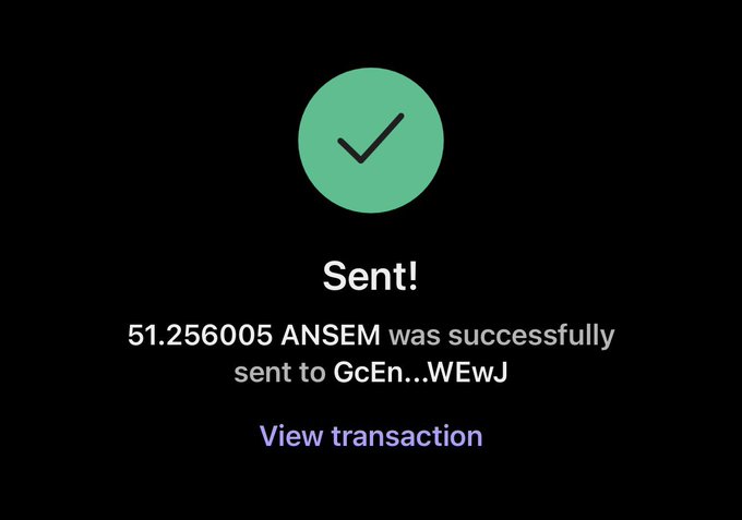 A confirmation screen showing a successful transaction of 51.256005 ANSEM tokens sent to wallet address GcEn...WEwJ, marked by a green checkmark and "Sent!" message, illustrating the meme's punchline of "dropping" tokens to recipients' wallets.
