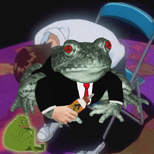 A surreal meme image of a large frog wearing a black suit and red tie, sitting in a chair and holding a bottle of liquor, with a smaller cartoon Pepe the Frog in the corner.