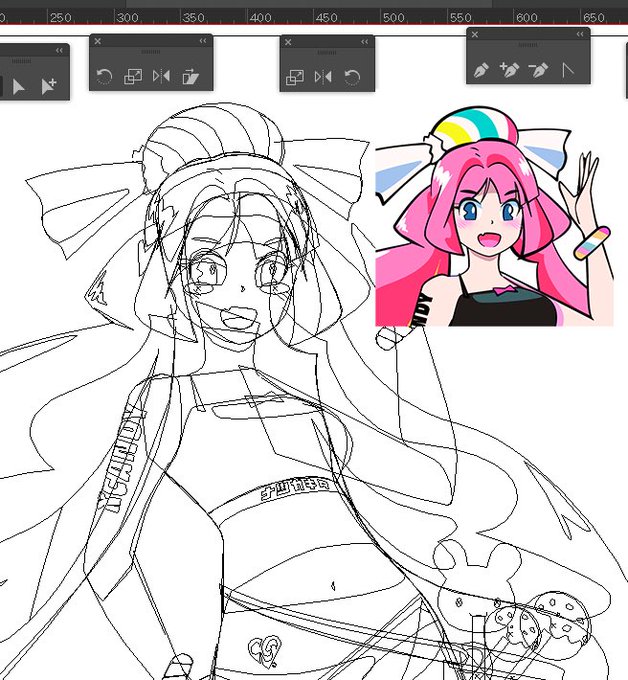 A digital art workspace shows a black-and-white line art sketch of a pink-haired anime-style character with a bun, with the original colorful reference image of the character (wearing a 'TOT' shirt) overlaid in the top right corner.