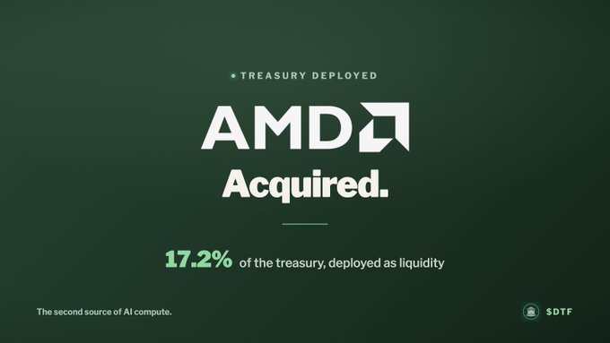 A dark green graphic announcement reading 'TREASURY DEPLOYED AMD Acquired. 17.2% of the treasury, deployed as liquidity' with the tag 'The second source of AI compute.' and $DTF token logo.