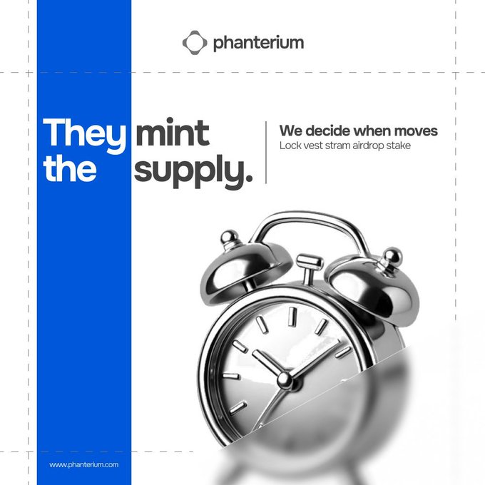 Phanterium advertisement with blue banner reading 'They mint the supply. We decide when moves' alongside keywords 'Lock vest stram airdrop stake' and an alarm clock image.