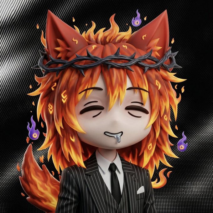 A chibi-style character with flaming orange hair, fox ears, a crown of thorns, and drooling fangs wears a pinstripe suit against a black dotted background with small purple flame spirits.