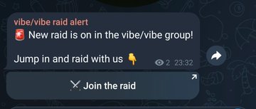 A mobile app notification titled 'vibe/vibe raid alert' announces a new raid on the vibe/vibe group with the message 'Jump in and raid with us' at 23:32, offering a 'Join the raid' button.